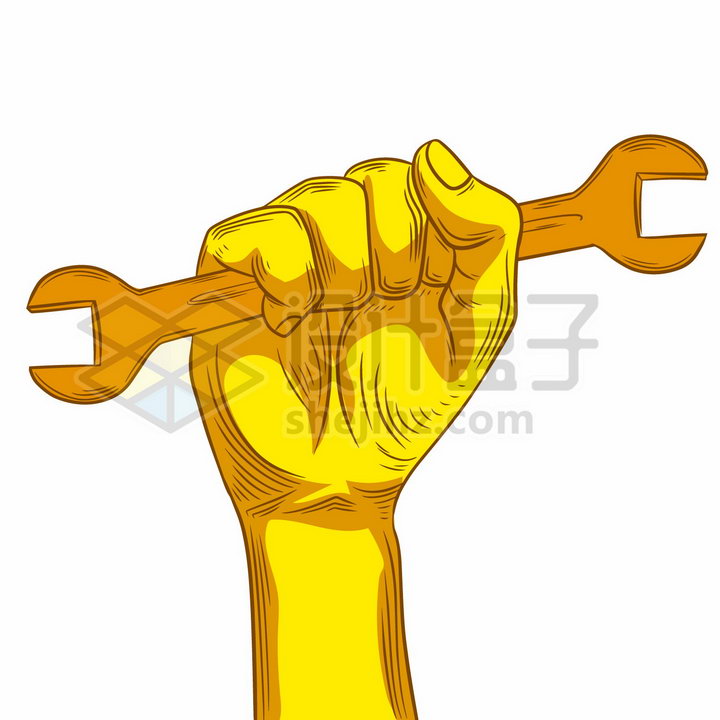 黄色的拳头紧握着扳手象征了五一劳动节png图片免抠矢量素材 工业农业-第1张
