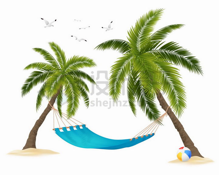 沙滩上的两棵棕榈树椰子树和中间的吊床png图片免抠矢量素材 生物自然-第1张