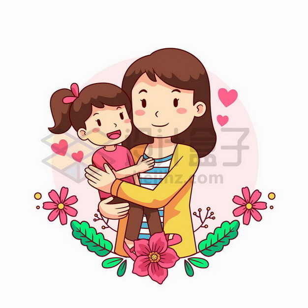 卡通妈妈抱着可爱女儿花朵装饰母亲节快乐png图片免抠矢量素材 节日素材-第1张