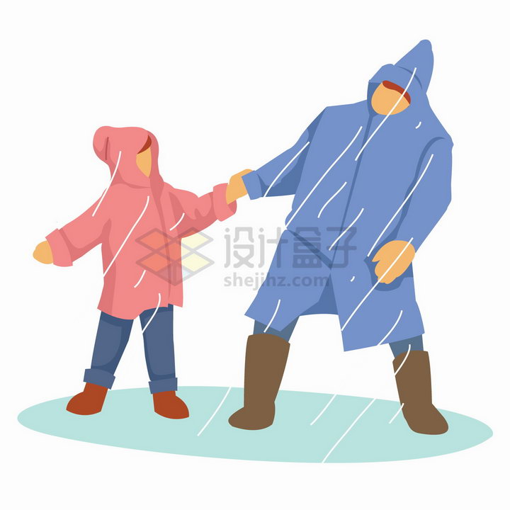 下雨天牵着孩子的雨衣爸爸扁平插画png图片免抠矢量素材 人物素材-第1张