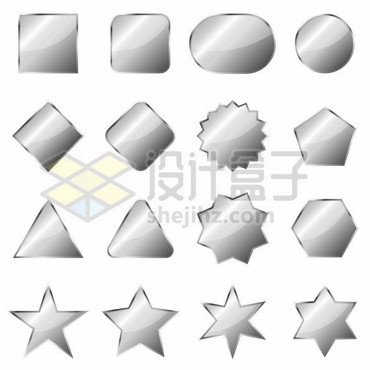 方形圆形五角星三角形等银灰色水晶按钮png图片免抠矢量素材 设计盒子
