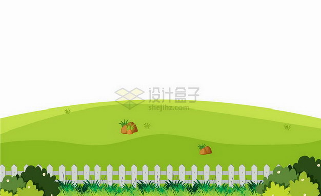 春天夏天灌木丛木栅栏和远处的青山小山坡乡村风景插画png图片免抠矢量素材 生物自然-第1张