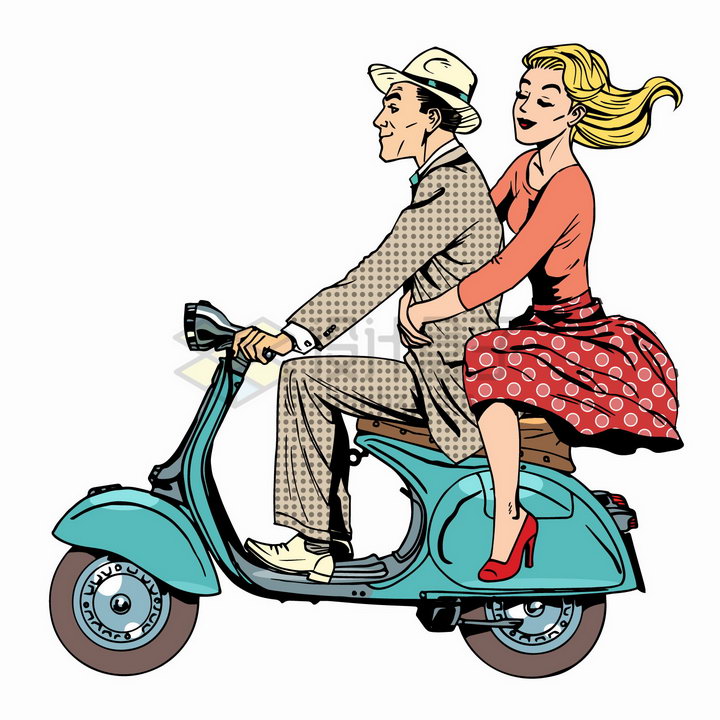 漫画风格骑着电动车带着女朋友出去玩png图片免抠矢量素材