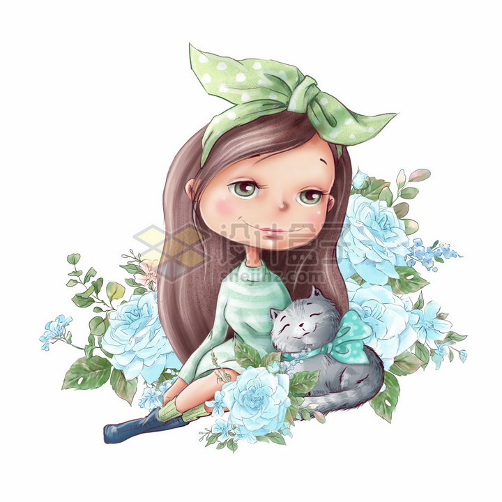 卡通女孩抱着猫咪蓝色玫瑰花水彩插画png图片素材 设计盒子
