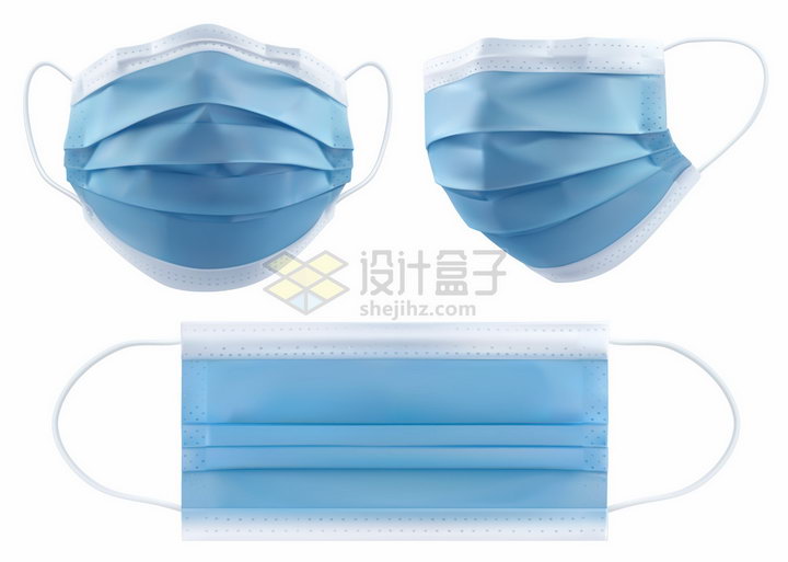 逼真的蓝色3D一次性医用口罩医疗用品三视图png图片素材 健康医疗-第1张
