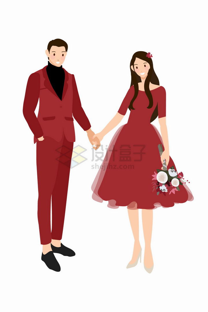 身穿红色婚纱礼服的结婚新人扁平插画png图片免抠矢量素材 人物素材-第1张
