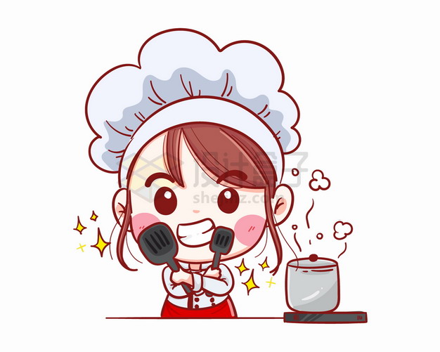 卡通美女小厨师拿着铲子做菜煮汤烹饪png图片素材