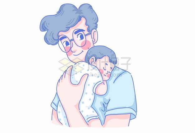 年轻的卡通爸爸抱着婴儿靠在自己的肩膀上睡觉父亲节亲子关系彩绘插画png图片素材