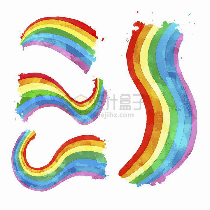水彩画风格的4款七彩虹涂鸦装饰png图片免抠矢量素材