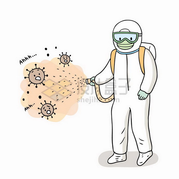 卡通身穿防护服的医护人员正在杀毒预防新型冠状病毒疫情手绘插画png
