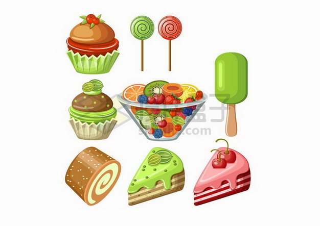 绿色抹茶奶油蛋糕和水果拼盘等甜点美味美食png图片免抠矢量素材