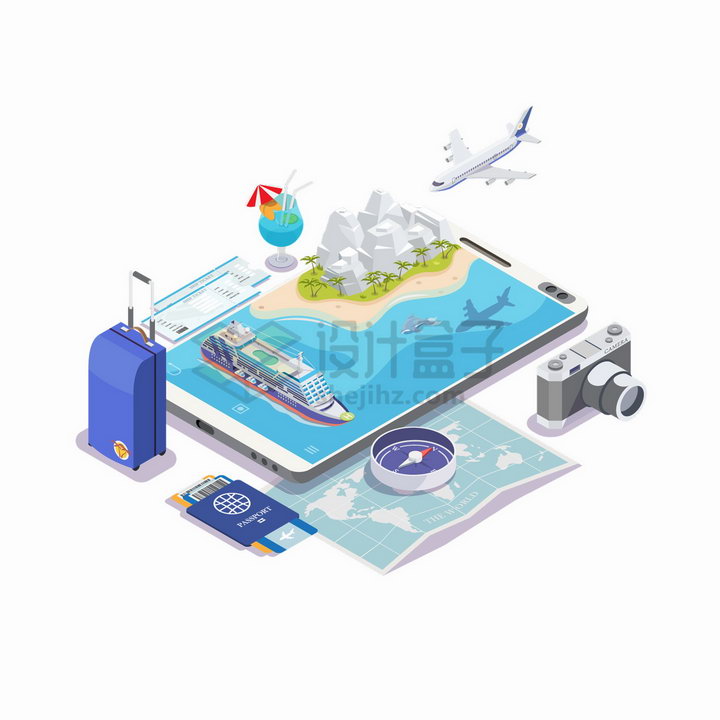2.5D风格手机上的海岛旅游游轮飞机行李箱护照地图照相机等png图片免抠矢量素材 休闲娱乐-第1张
