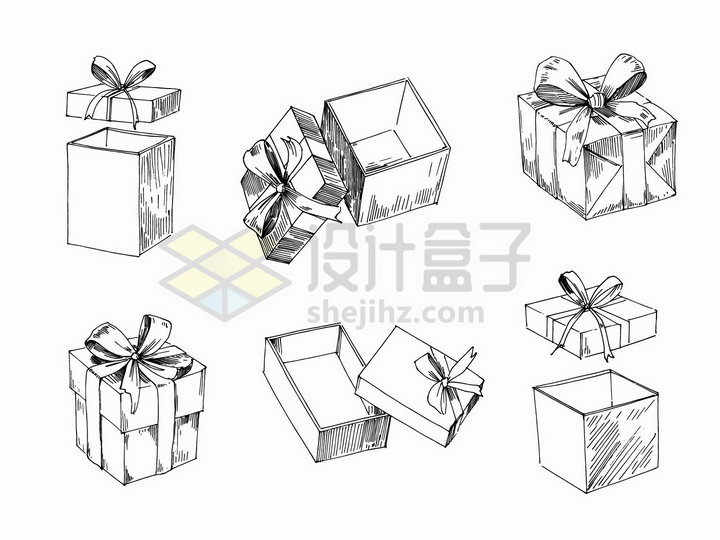 6款包装好的礼物盒手绘素描插画png图片免抠矢量素材 生活素材-第1张