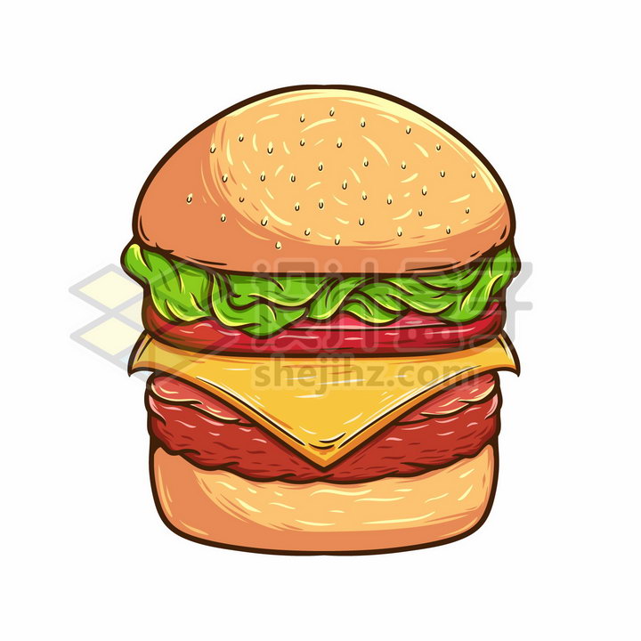 漫画风格牛肉汉堡包美味快餐美食彩绘插画png图片免抠矢量素材 生活素材-第1张