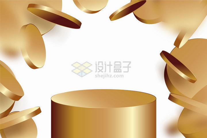 3D金色圆柱形展台和掉落的金币背景图png图片免抠矢量素材 线条形状-第1张