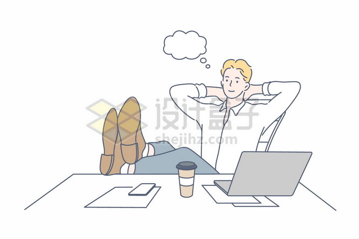 年轻人把腿翘在桌上上班时间休息手绘线条插画png图片免抠矢量素材 商务职场-第1张