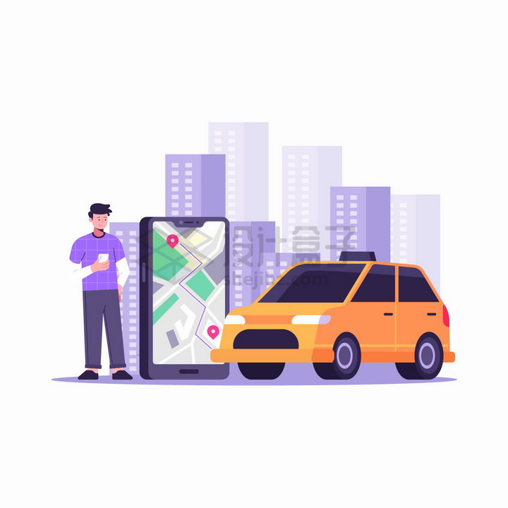 卡通出租车乘车者和手机上的打车APP扁平插画png图片免抠矢量素材 交通运输-第1张