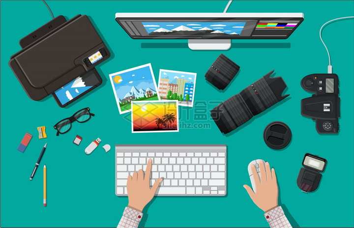 打印机iMac电脑数码相机镜头键盘鼠标等摄影师设计师装备png图片素材