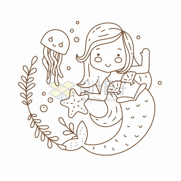 和海星水母玩耍的卡通美人鱼简笔画儿童插画png图片免抠矢量素材 人物素材-第1张