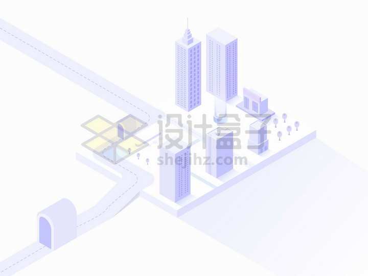 淡紫色2.5D风格城市建筑高楼大厦和街道模型png图片免抠矢量素材