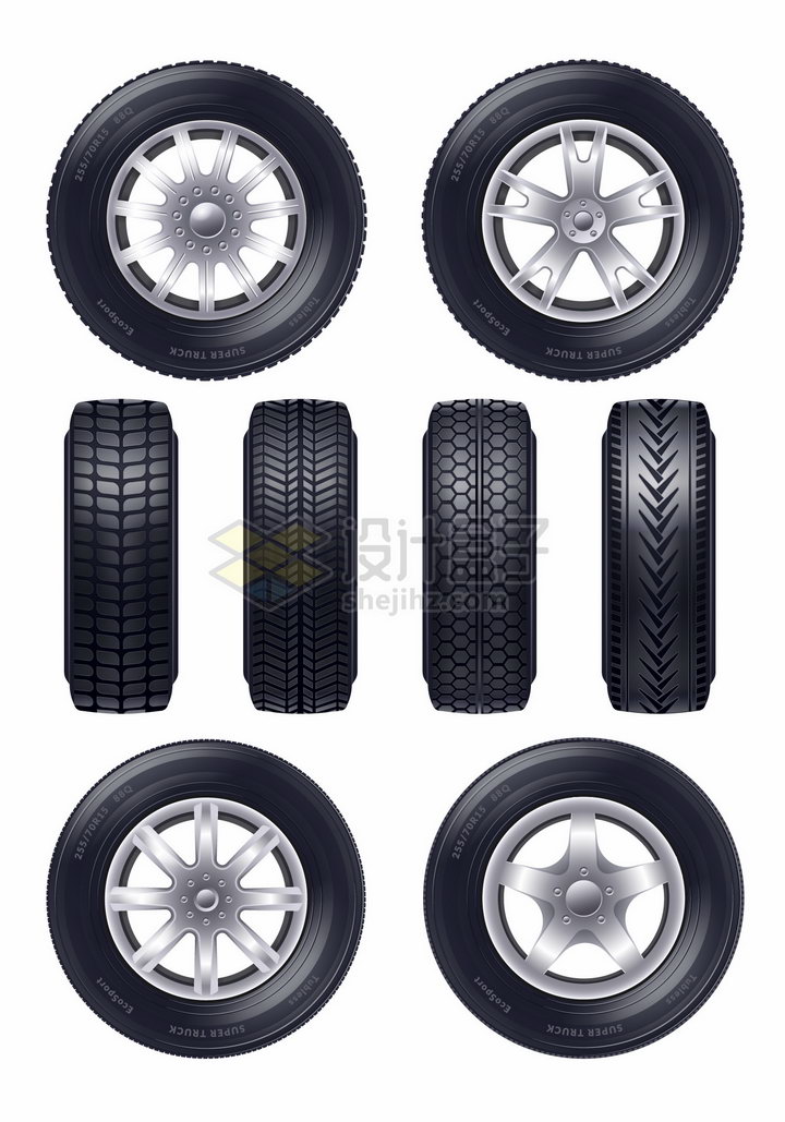 4款汽车轮胎轮圈轮毂侧面和正面花纹图png图片素材 交通运输-第1张