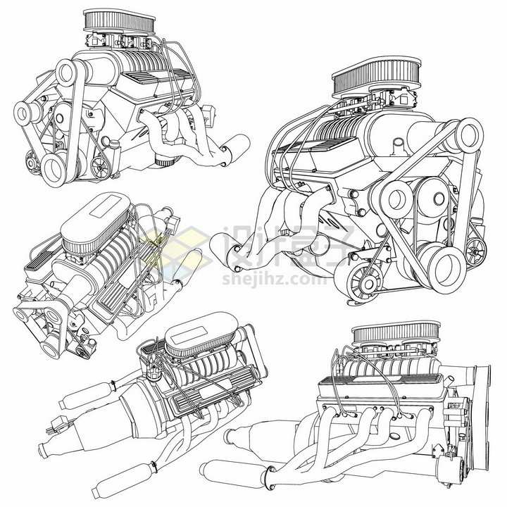 5款汽车发动机引擎结构手绘线条设计草图421265png图片素材