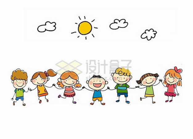 太阳下手牵手的卡通小朋友六一儿童节主题插画png免抠图片素材 人物素材-第1张