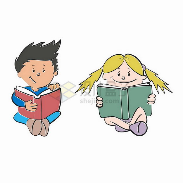 手绘卡通男孩女孩坐在地上看书读书png图片免抠矢量素材 教育文化-第1张