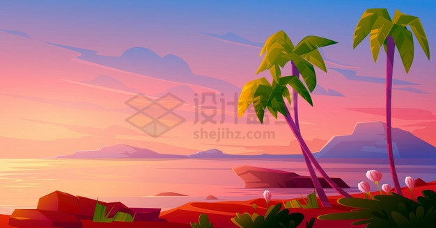 晚霞的海湾大海和椰子树卡通风景png图片素材 背景-第1张