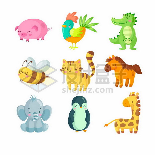 9款可爱小猪公鸡鳄鱼蜜蜂猫咪骏马大象企鹅长颈鹿等卡通动物儿童插画png图片素材 生物自然-第1张