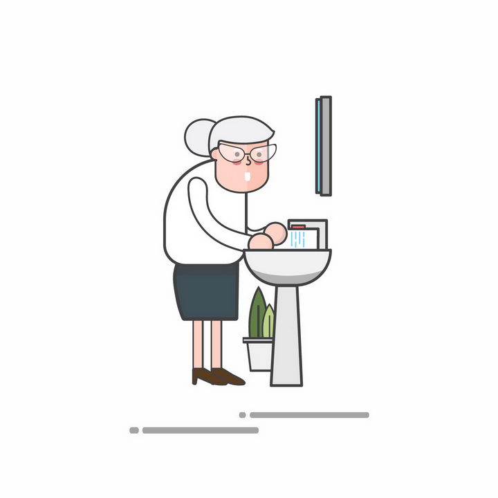 MBE风格卡通正在洗手的老奶奶png图片免抠矢量素材 人物素材-第1张