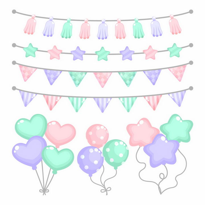 糖果色风格儿童生日宴会上的彩旗和气球png图片免抠矢量素材 漂浮元素-第1张