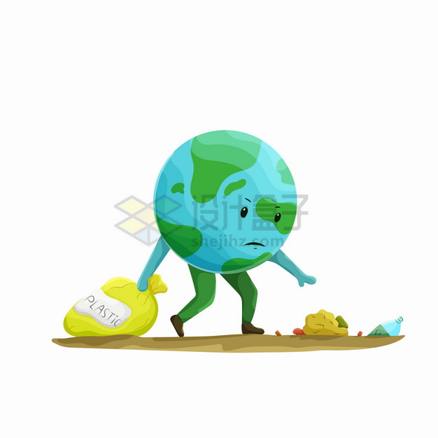 卡通地球拖着垃圾袋捡垃圾保护地球环境png图片素材 生物自然-第1张