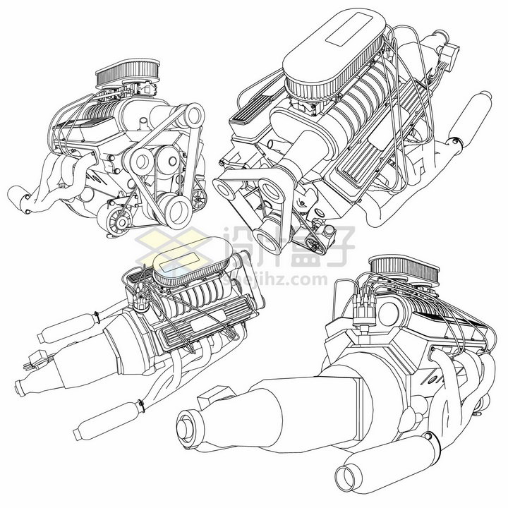 4款汽车发动机引擎手绘线条设计草图png图片素材 工业农业-第1张