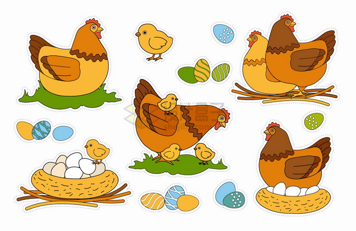 卡通母鸡下蛋和小鸡手绘插画png图片素材 生物自然-第1张