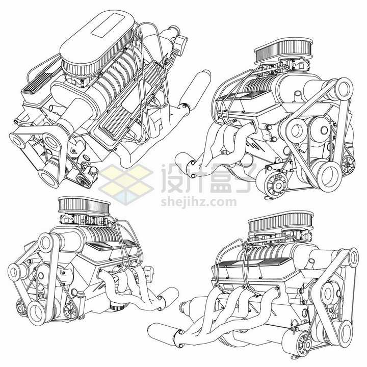 4款汽车发动机引擎手绘线条设计草图96706png图片素材