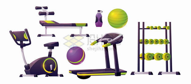 紫色绿色的跑步机哑铃凳动感单车健身球等健身房健身器材png图片素材 休闲娱乐-第1张