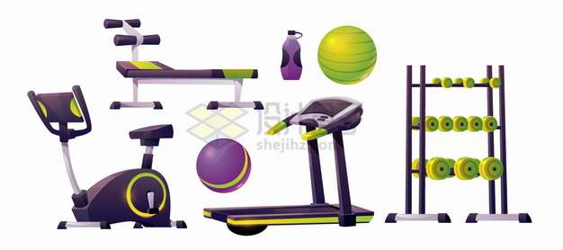 紫色绿色的跑步机哑铃凳动感单车健身球等健身房健身器材png图片素材