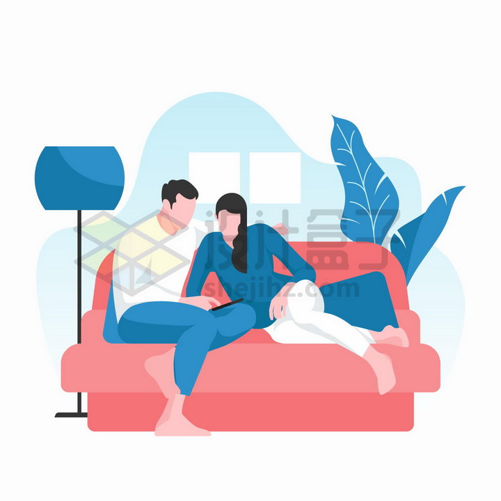 宅在家中坐沙发上看视频的情侣扁平插画png图片免抠矢量素材