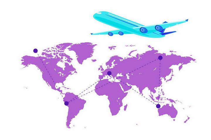 紫色世界地图和蓝色的飞机世界旅行png图片免抠矢量素材 科学地理-第1张