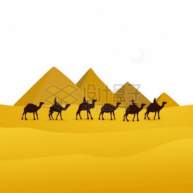 黄色沙漠和金字塔以及慢行的骆驼队剪影png图片免抠矢量素材 生物自然-第1张
