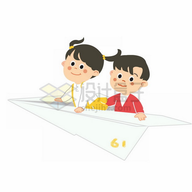两个卡通小孩坐在纸飞机上六一儿童节主题插画png免抠图片素材 人物素材-第1张