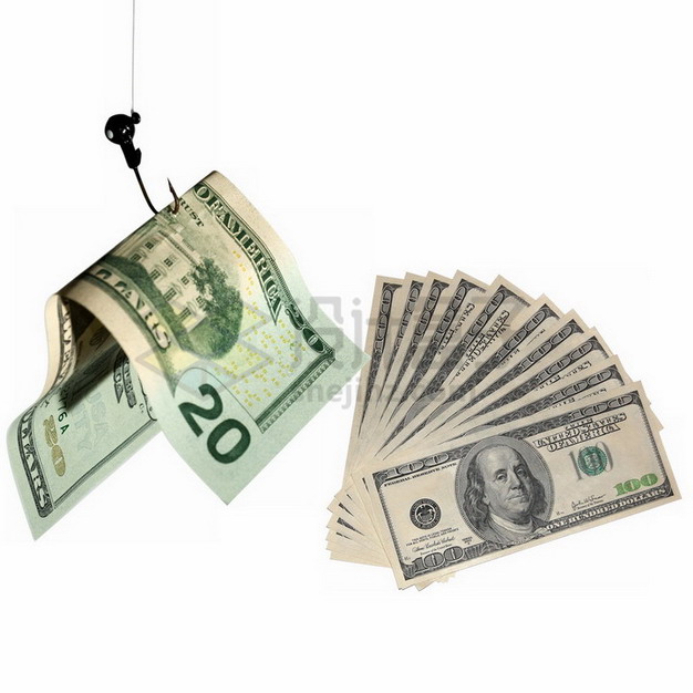 鱼钩吊起美元钞票纸币象征了网络钓鱼png图片素材 金融理财-第1张