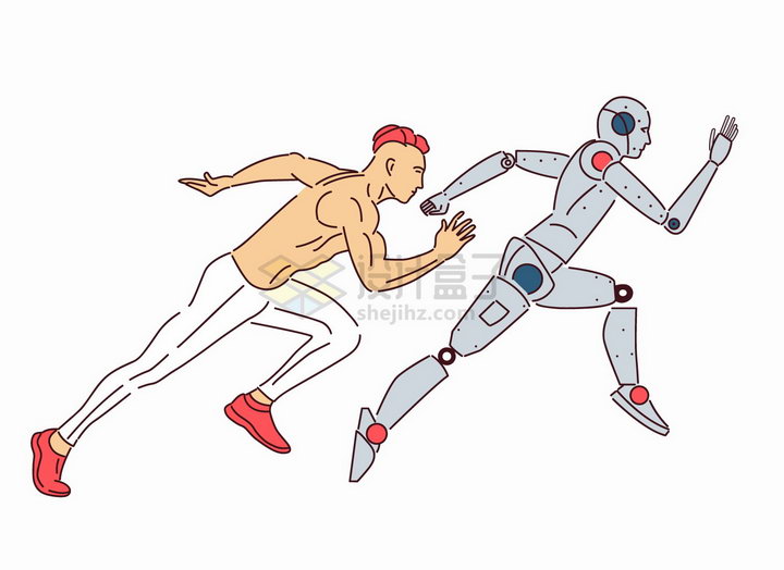 男人和机器人赛跑比赛手绘线条插画png图片素材 人物素材-第1张