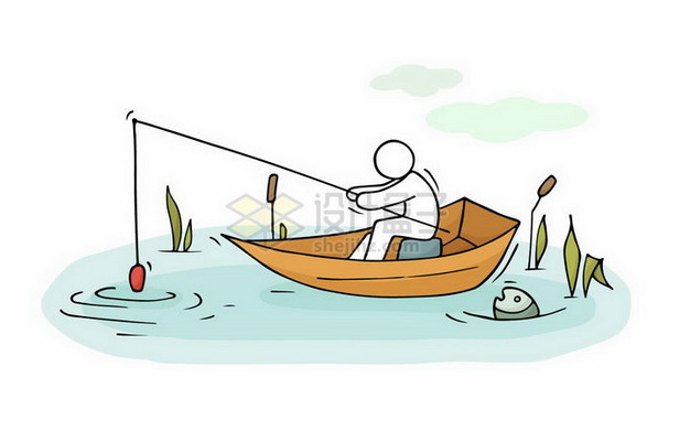 卡通小白人坐在船上钓鱼png图片免抠矢量素材 休闲娱乐-第1张