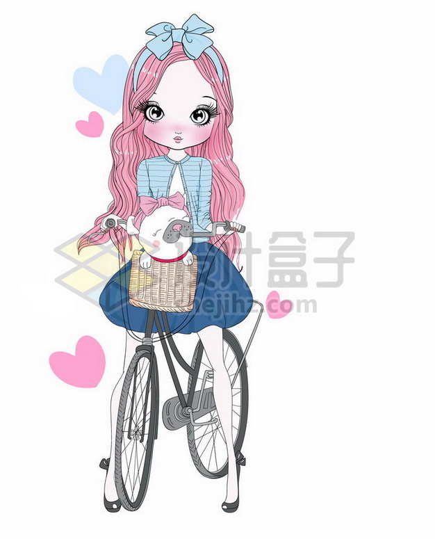 手绘卡通少女骑着自行车车篮中放着小狗png图片素材 人物素材-第1张