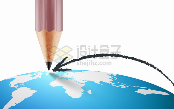 在弧形世界地图地球上用铅笔画了一个箭头png图片免抠矢量素材 教育文化-第1张