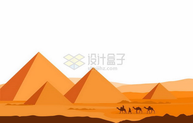 黄色沙漠中的埃及金字塔和骆驼队剪影png图片免抠矢量素材 建筑装修-第1张