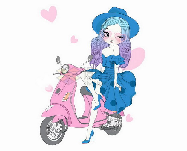 靠在粉红色电动车上的卡通少女手绘插画png图片素材 人物素材-第1张