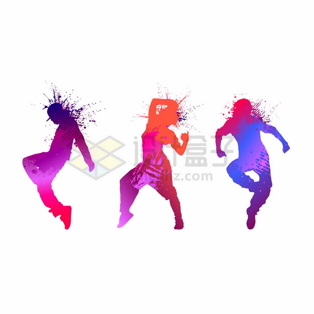 彩色泼墨风格3个跳街舞的年轻人剪影png图片素材 人物素材-第1张